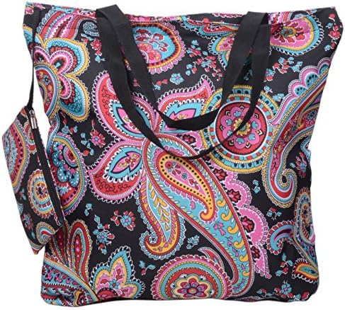 Releaserain Lightweight Handy Waterproof Parisian Paisley 17 Inch Folding Shopper Diaper Tote Bag Foldable Packable Portable Handbag with Zipped Pouch for Shopping Outdoor Beach Gym Carry On Travel