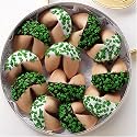 DOSE OF GOOD FORTUNES: A Dozen Dark and White Chocolate Hand-Dipped Fortune Cookies Decorated for Saint Patrick's Day & Nestled in a Gold Container