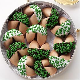 DOSE OF GOOD FORTUNES: A Dozen Dark and White Chocolate Hand-Dipped Fortune Cookies Decorated for Saint Patrick's Day & Nestled in a Gold Container