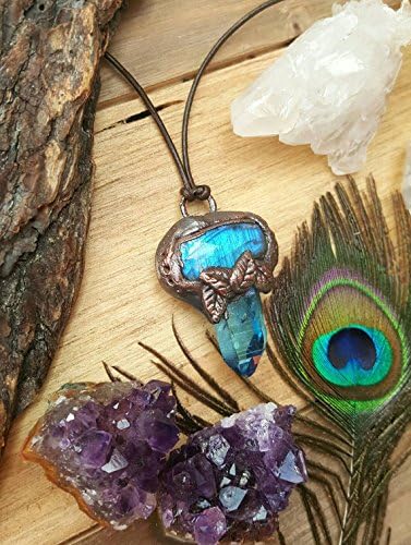 Aqua Aura Quartz Blue Labradorite Electroformed Necklace. Crystal healing Pendant. Energy Gemstones Boho woodland.