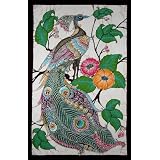 Hand Made Batik Wall Hanging - Peacock On Tree of Flowers (23 inches by 35 inches)by Nethara