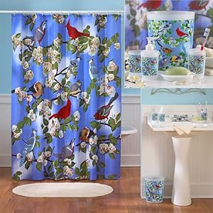 6 Pc Wild Bird Designs Bathroom Set Each 6-pc. Set Includes: Shower Curtain, Waste Basket ,Tumbler, Soap Dish , Toothbrush Holder ,Lotion Pump