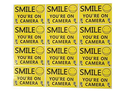 Outdoor/Indoor (12 Pack) 3.54″ wide X 2.24″ high Home Business SMILE YOU’RE ON CAMERA Yellow Window Door Warning Security Alert Sticker DecalsBack Self Adhesive Vinyl