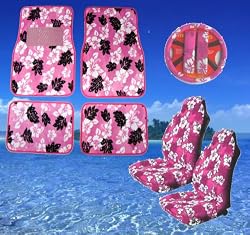 9pc Pink Hawaiian Print Car Mats Seat Steering Wheel Cover Set