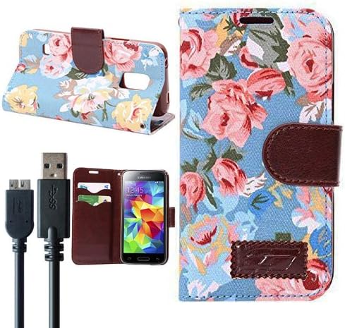 For Galaxy S5 Case, with 3.0 Charger Cable Wallet PU Leather Protective Flip Folio Slim Fit Stand Case Cover (Flora-Blue)