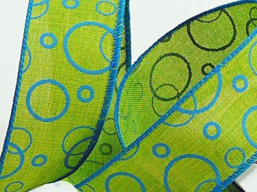 Blue Circles on Lime Denim Ribbon, #9 Designer Wired Ribbon, 1 ½" W, 10 Yd spools