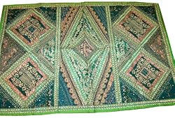 Green Zardozi Beaded Vintage India Tapestry Wall Hanging 60x40