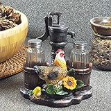 1 X Farm Chicken and Old Fashioned Water Pump Glass Salt and Pepper Shaker Set with Holder Figurine in Country Kitchen Rooster Decor, Sculptures and Statues and Rustic Gifts for Farmers