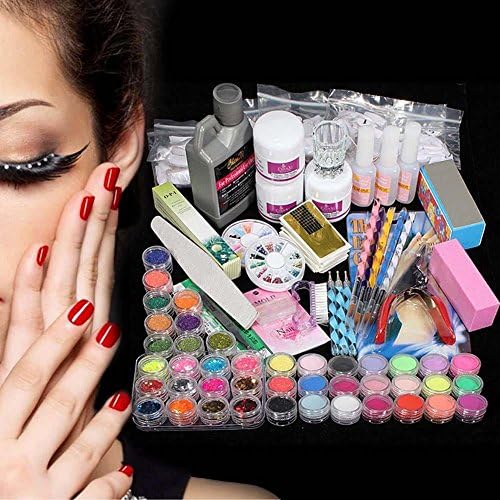 Professional 42 Acrylic Powder Liquid Brush Glitter Clipper Primer File Nail Art Tips Set Kit with Duck Nail Tips