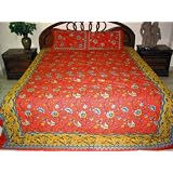 Luxury 3pc Cinnabar Red Goldenrod Floral Printed King Cotton Indian Bedspread with Pillow Covers 90 X 104 Free Shipp