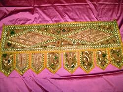 Earthybrown Yellow Beads Sari Toran Wall Tapestry Topper Valance