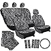 OxGord® 21pc Set of Zebra Print Car Seat Covers w/Deluxe Velour Animal Carpet Floor Mats, Steering Wheel Cover & Shoulder Pads - Airbag Compatible - Front Low Back Buckets - 50/50 or 60/40 Rear Split Bench - Universal Fit for Cars, Truck, SUV, or Van, Charcoal Gray