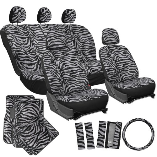 OxGord® 21pc Set of Zebra Print Car Seat Covers w/Deluxe Velour Animal Carpet Floor Mats, Steering Wheel Cover & Shoulder Pads - Airbag Compatible - Front Low Back Buckets - 50/50 or 60/40 Rear Split Bench - Universal Fit for Cars, Truck, SUV, or Van, Charcoal Gray
