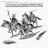 'Two Barbarians and a Professor of Barbarian Studies' Cartoon print by Frank Cotham, Published in The New Yorker on 9/1/2003