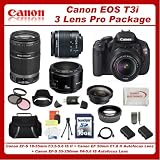 Canon EOS T3i DSLR Camera with 3 Canon Lens Pro Pack: Includes - Canon EF-S 18-55mm f3.5-5.6 IS - Canon EF-S 55-250mm f/4-5.6 IS Autofocus Lens - Canon EF 50mm f1.8 II Autofocus Lens, Also Includes Deluxe Carrying Case, 2 Extra Batteries & Travel Charger, 16GB SDHC Card & Card Reader, 3 Piece Pro Filter Kit and much more...