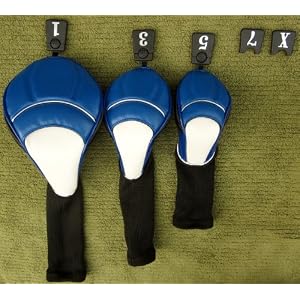 Premium Blue, White, & Black Golf Club Headcovers Set of 3 Driver Woods Hybrid 1,3,5,7,X Tags Superior Quality Head Covers Long Neck Zippered Side Pockets Limited Edition Perfect Fit Modern Style