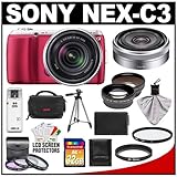 Sony Alpha NEX-C3 Digital Camera Body & E 18-55mm OSS Lens (Pink) with 16mm ....