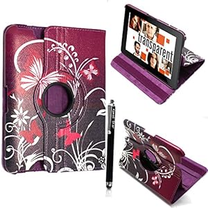 FOR AMAZON KINDLE FIRE HD 7 VARIOUS PU LEATHER WITH SLEEP/WAKE STANDBY MAGNETIC CASE COVER POUCH + STYLUS BY (Ultra Butterfly Purple)