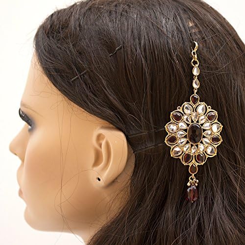 Fashion Gold Plated Flower Shape Big Maang Tika Hair Ornament in Red Glass Stone and Cz Ethnic Jewelry