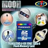 Transcend 8GB SDHC Class 6 Moon Universal Starter Kit. Kit Includes Transcends High-Speed Class 6 SDHC, Tabletop bendable Wire Tripod, SD/SDHC USB Card Reader/Writer, LCD Protection Film Kit, Lens cleaning Kit and Memory Card wallet.