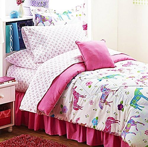 Pink Pony Horse 9pc Twin Size Comforter and Sheet Set + Pillow and Two Window Valance Curtains