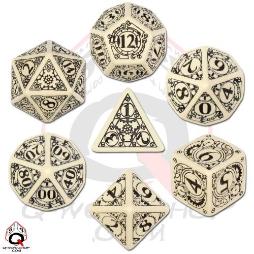 Q-Workshop Polyhedral 7-Die Set: Carved Steampunk Dice Set (Beige & Black) On Sale
