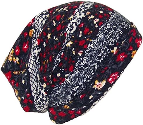GMI Adult Varied Designs Winter Cuffed Stretchable Slouchy (One Size) - Black/Red Floral