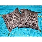 2 Black Silk Sari Toss Cushion Pillow Covers 16 by Mogul Interior