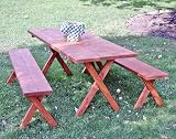 6' Redwood Stained Pine Crossed Legged Picnic Table w/Detached Benches