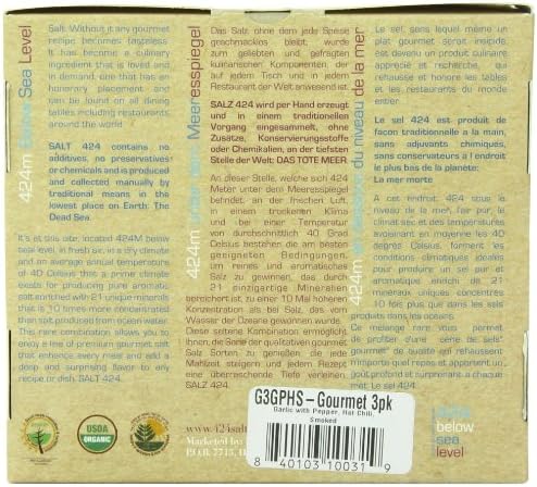 Salt 424 Three Grinder Pack 100% Organic Salts, Garlic with Pepper, Hot Chili and Smoked, 25.11 Ounce