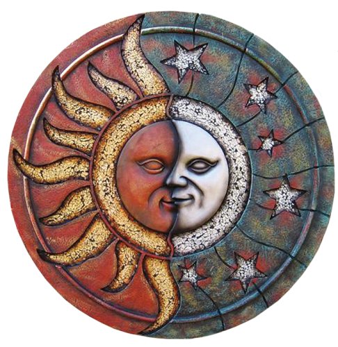 22-Inch Sun and Moon Circular Outdoor Wall Art Plaque with Glass Inlay