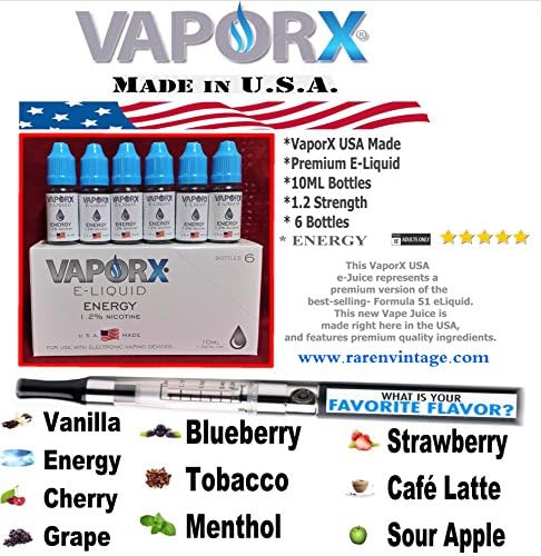 VaporX Premium E-Liquid USA Made "ENERGY" 1.2 Strength (6 Bottles 10ML Ea)