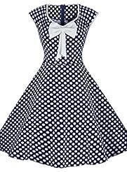 Sleeveless Cutout Stretchy Vintage  Polka Dot Print Cotton/Spandex Wedding Party Dress  With a Bow(s)