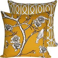 Autumn Light Collection - Dwell Studio for Robert Allen Designer Decorative 18' Square Throw Pillow Cover - Flowers, Birds and Geometric - Golden Yellow, Black and White Hues - 1 Cover, 2 Looks