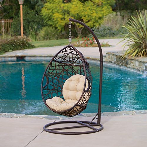 Christopher Knight Home Outdoor Brown Wicker Tear Drop Swinging Chair Made of Wicker, Aluminum and Iron for Stability, Includes Plush Pillows for added Comfort and an Iron Stand, Weather and UV Resistant