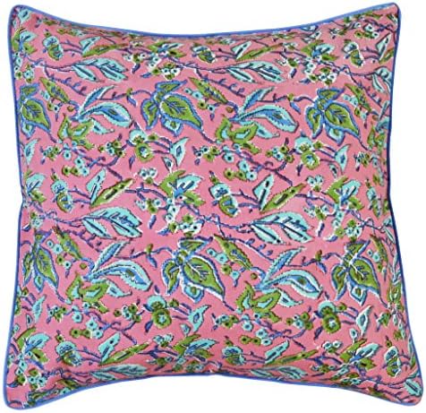 Koyari Indian Ethnic Hand Block Printed Cushion Cover Throw Pillow Case In Fine Cotton 16"X16"(40cmX40cm) Light Blue And Green Leaf Print On Light Pink