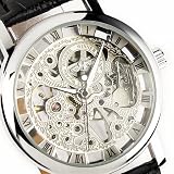 Neuve - Montre Homme - Mécanique - Argenté - Squelette - Bracelet en Cuir - Analogique