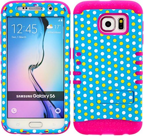 Wireless Fones TM Samsung Galaxy S6 Dual Layer Hybrid Impact Resistant Protective Kickstand Cover Case Light Blue Polka Snap On Over Pink Glitter Skin