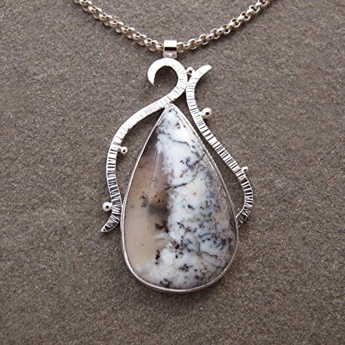 Sterling Silver Fabricated Black White Dendrite Opal Metalwork Cabochon Necklace Gemstone