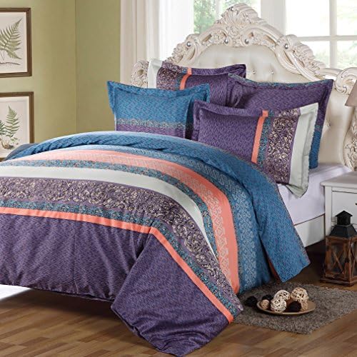 LANSIU Egyptian Cotton Duvet Cover Queen Set, Multi-Color Geo Stripes Bedding, Reversible Printing with 300 Thread Count Percale, Blue Purple Orange