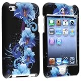 Black / Blue Flower Rubber Hard Case + Mirror Screen Protector for Apple® iPod touch® 4