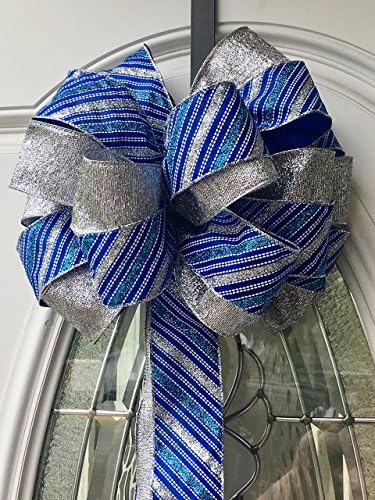 Blue &amp; Silver Striped Glittered Hanukkah Bow Large / The Frosty Collection / Custom Bows By Jami