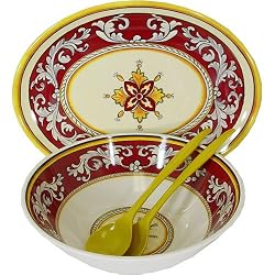 Serving Set of Le Cadeaux Triple Weight Melamine 12" Salad or Serving Bowl, Serving Utensils and 16" Platter