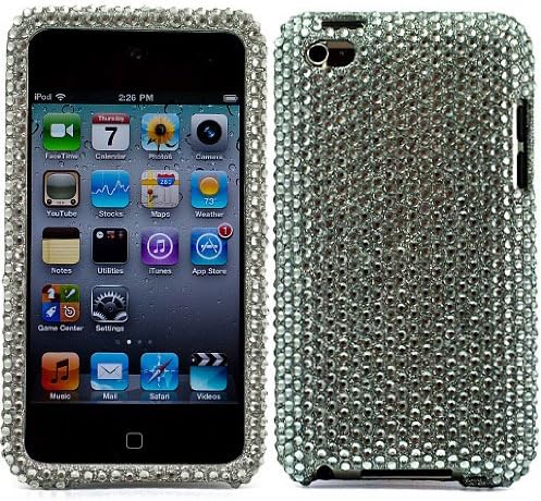 Premium Two Piece Silver Diamond Rhinestone Design Protective Cover Case for Apple iPod Touch 4th Generation (8GB 16GB 32GB) iPod Touch 4 Latest Gen + SumacLife TM Wisdom Courage Wristband, Silver Diamond