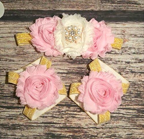 Pink and Cream Gold Rhinestone Headband and Sandals Set