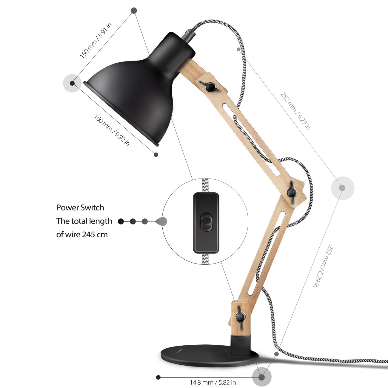 Tomons Scandinavian Swing Arm Wood Desk Lamp, Black