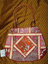 Womens Boho Handbag Carmine Red Pink Beaded Sari Patchwork Designer Purse