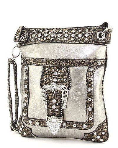 Pewter Crocodile Rhinestone Buckle Western Messenger Purse