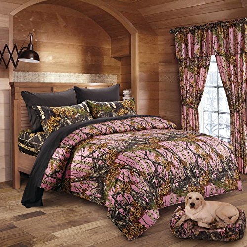 20 Lakes Woodland Hunter Camo Comforter, Sheet, & Pillowcase Set (Queen, Pink & Black)