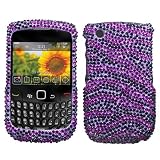 Sparkling Purple with Black Zebra Strip Full Diamond Rhinestone Snap on Hard Skin Bling Cover Case for Blackberry Curve 8520 8530